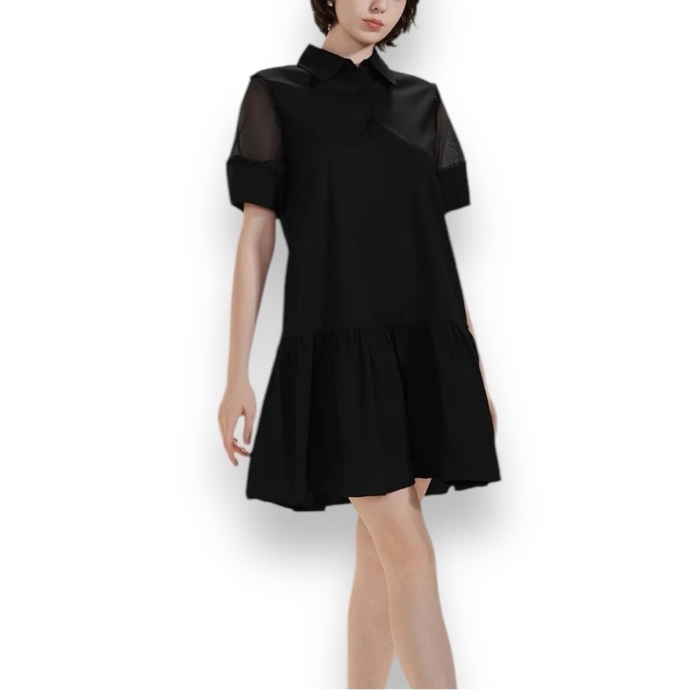 S•Deer Black Gothic Classic Solid Mesh Sleeve Mini Shirt Dress - Size Large